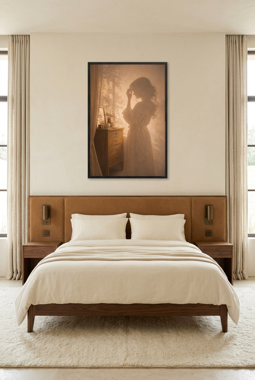 Le Rituel du Soir — poster con cornice nera in una camera da letto