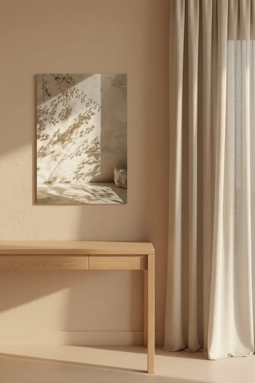 Le Coin du Lierre — Affiche murale minimaliste ombres feuillage lierre enduit ivoire lumière diagonale végétal, affiche murale minimaliste avec cadre bois, décoration murale salon ou chambre, style méditerranéen