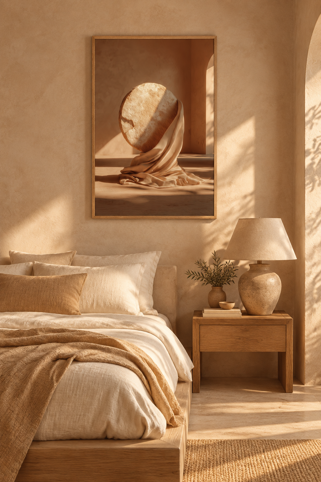 Poster The Wrapped Sphere — veined stone sphere resting on drapery, above a linen bed in a light bedroom