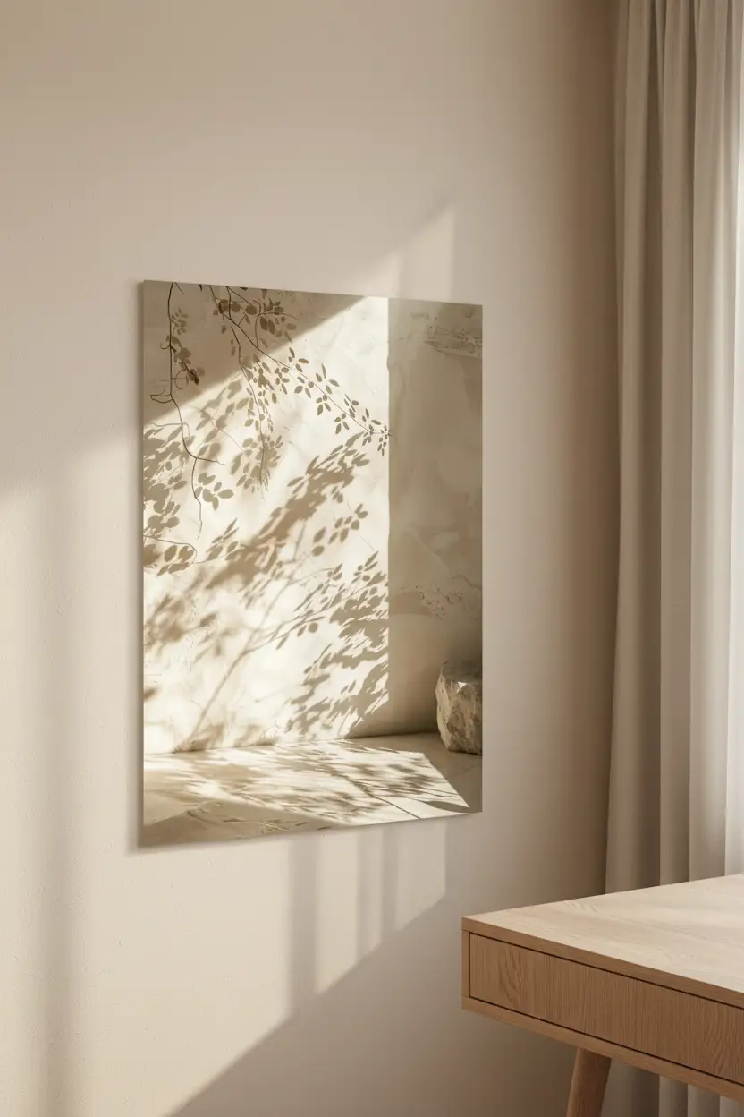 Le Coin du Lierre — Affiche murale minimaliste ombres feuillage lierre enduit ivoire lumière diagonale végétal, affiche murale minimaliste avec cadre bois, décoration murale salon ou chambre, style méditerranéen