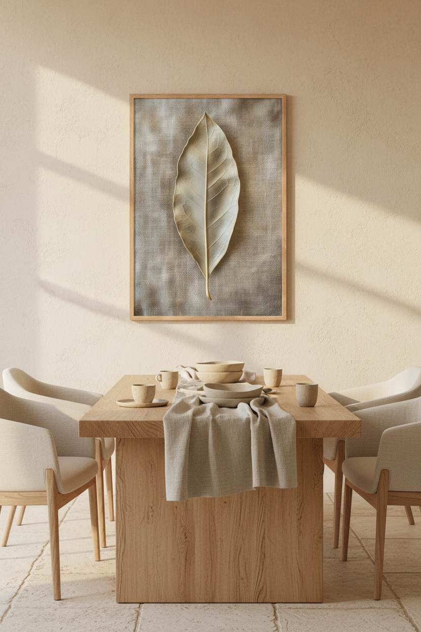 The Bay Leaf poster in an oak frame in a dining room — dried leaf with ivory and gold veins