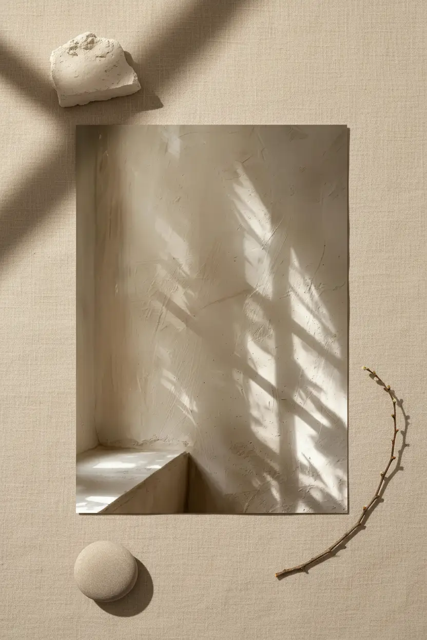 Les Ombres du Soir — Affiche murale minimaliste ombres fenêtre mur enduit sable courbe, affiche murale minimaliste avec cadre bois, décoration murale salon ou chambre, style méditerranéen