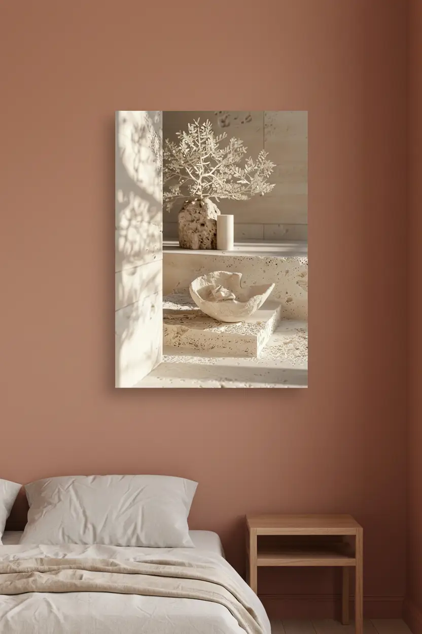 Der Weiße Altar – Minimalistisches Wandbild aus Elfenbein mit Korallenbaum