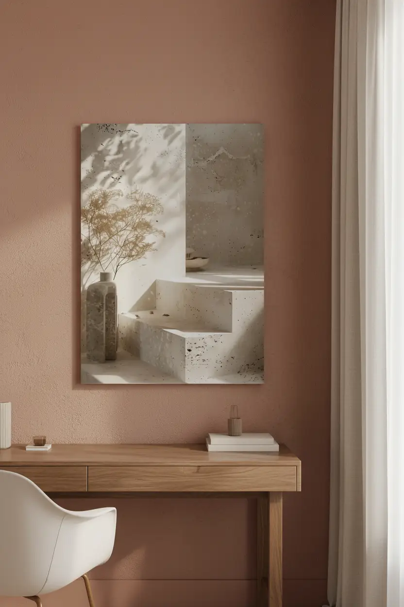 Le Vase et l’Escalier — Affiche murale minimaliste travertin sable architecture méditerranéenne, affiche murale minimaliste avec cadre bois, décoration murale salon ou chambre, style méditerranéen