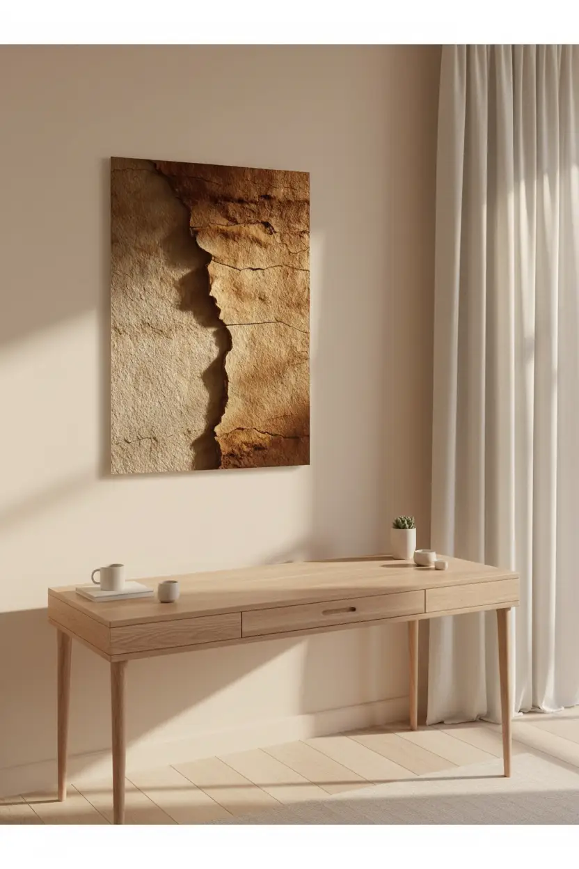 La Fissure de Grès — Affiche murale minimaliste macro fissure grès doré ocre lumière rasante minéral, affiche murale minimaliste avec cadre bois, décoration murale salon ou chambre, style méditerranéen