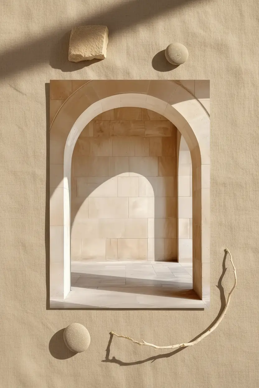 L'Arche et Son Ombre — Affiche murale minimaliste arche pierre calcaire ombre sable ivoire, affiche murale minimaliste avec cadre bois, décoration murale salon ou chambre, style méditerranéen