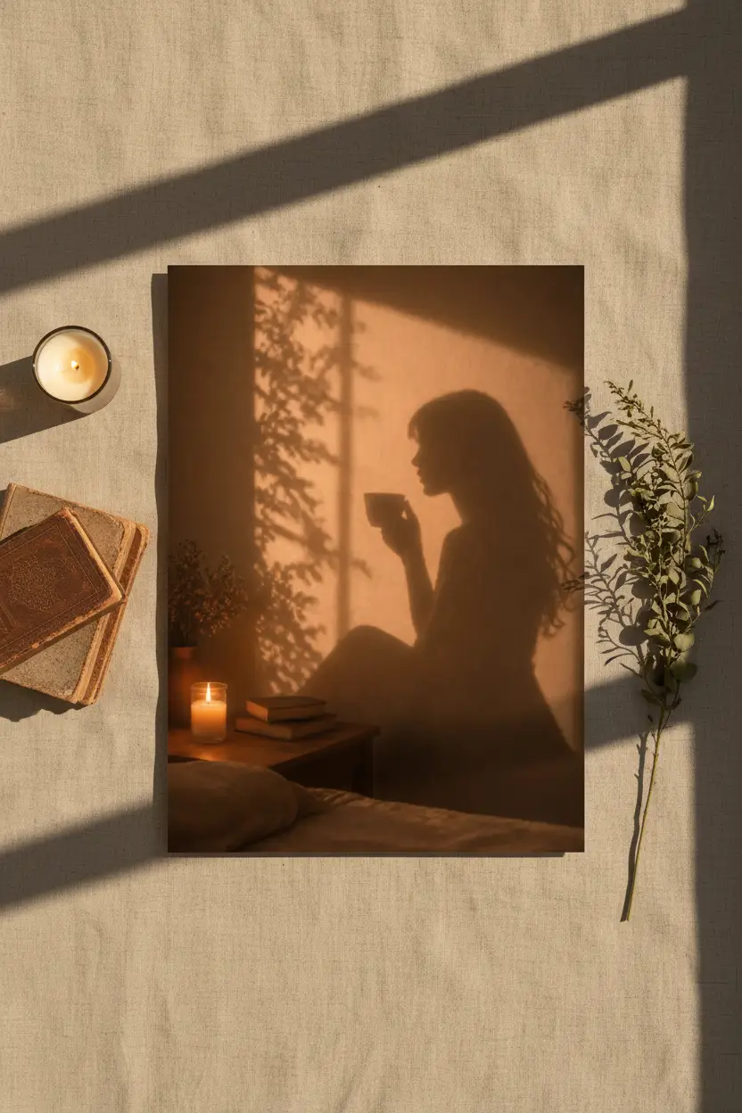 La Tasse du Soir — Affiche murale minimaliste silhouette féminine lumière dorée, affiche murale minimaliste avec cadre bois, décoration murale salon ou chambre, style méditerranéen
