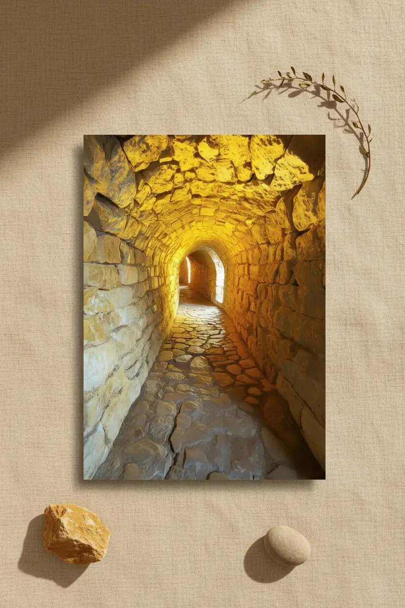 Der Goldene Gang – Minimalistisches Wandbild, ockerfarbenes Gold, gewölbter Korridor