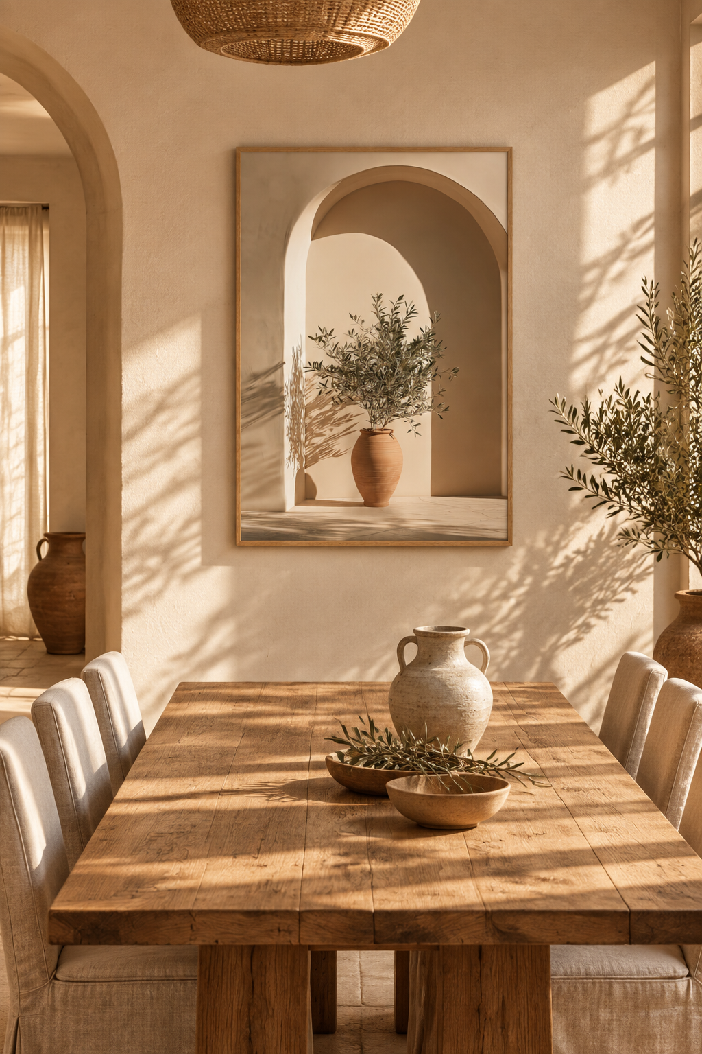 Poster The Rest Beneath the Arch — plaster arch and terracotta jar with an olive branch, in a dining room, above a wooden table