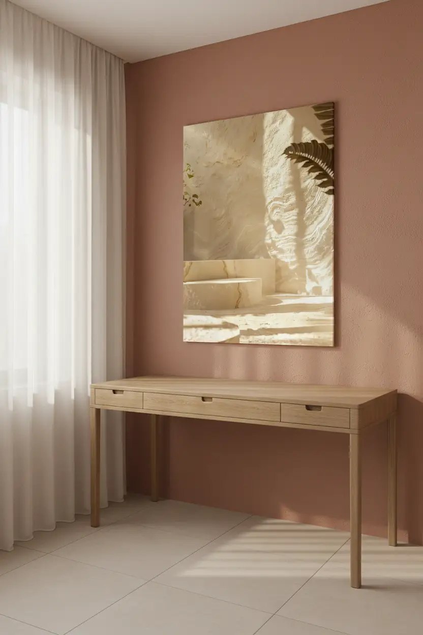 La Cour de Lumière — Affiche murale minimaliste travertin crépi sable ombre fougère méditerranéenne, affiche murale minimaliste avec cadre bois, décoration murale salon ou chambre, style méditerranéen
