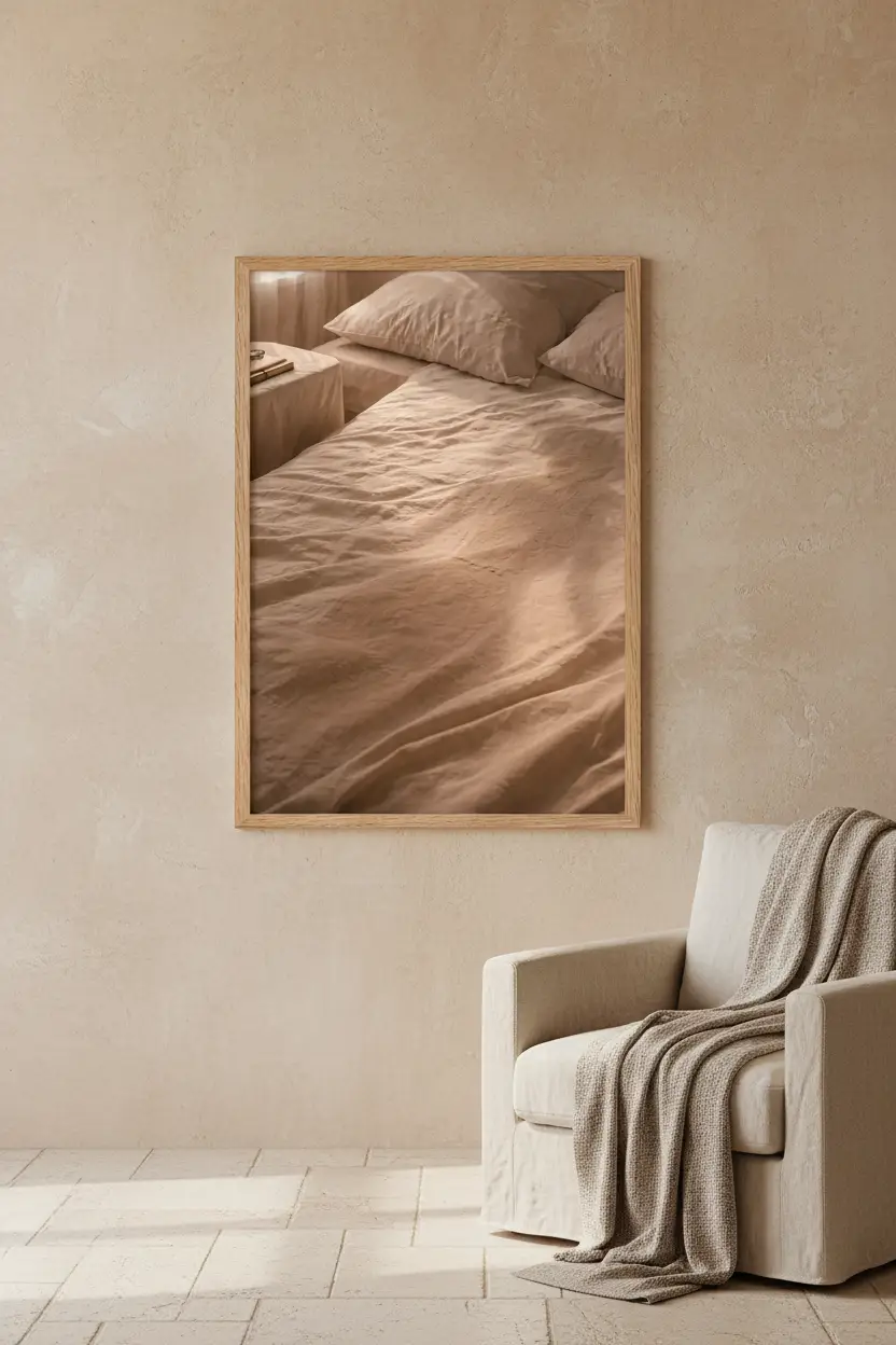 Le Lin du Matin — Affiche murale minimaliste linge beige lumière dorée, affiche murale minimaliste avec cadre bois, décoration murale salon ou chambre, style méditerranéen