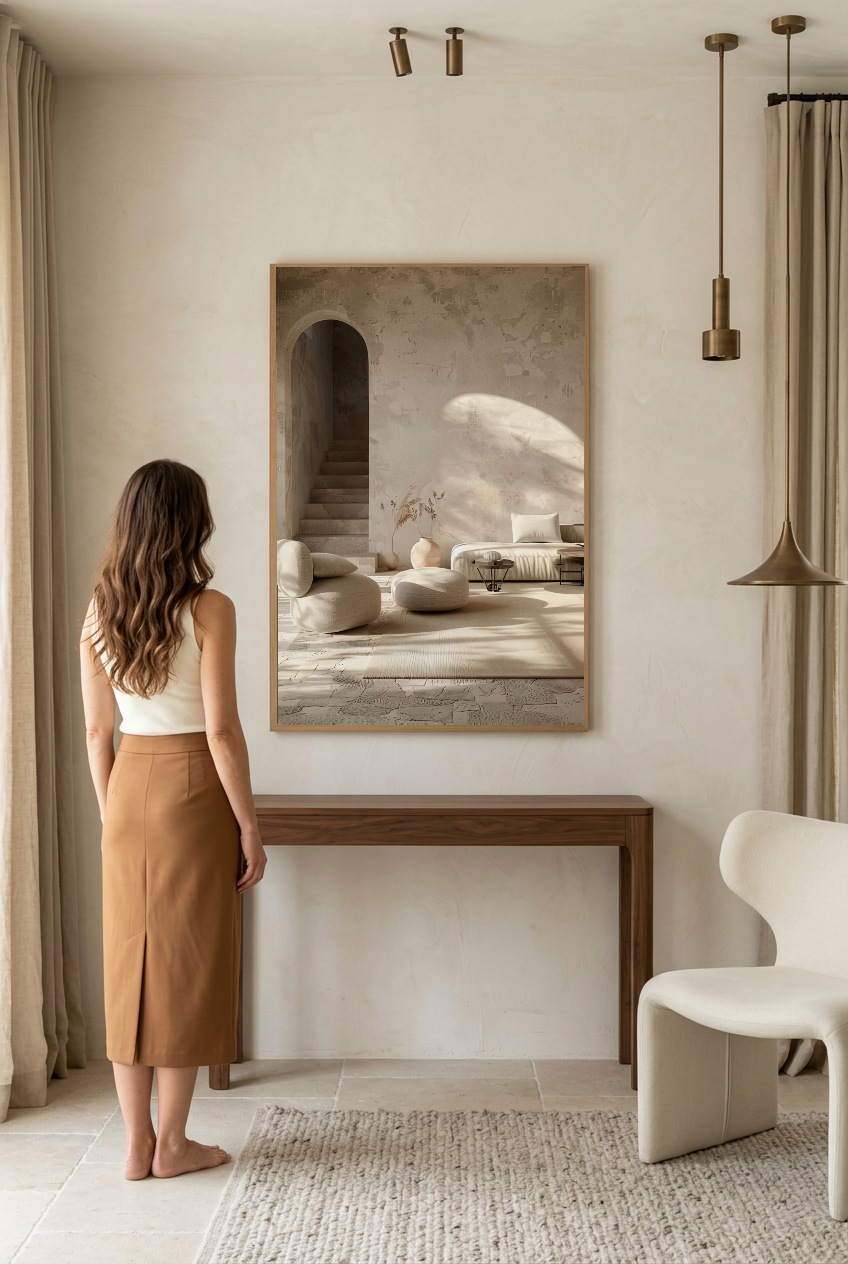 Le Salon de l’Arche — mulher em frente ao poster com moldura de carvalho