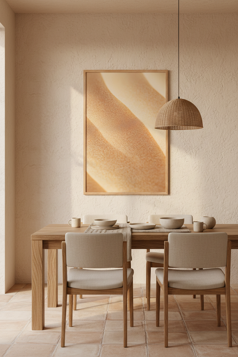The Dune’s Side poster in an oak frame in a dining room — gold and sand dune curves