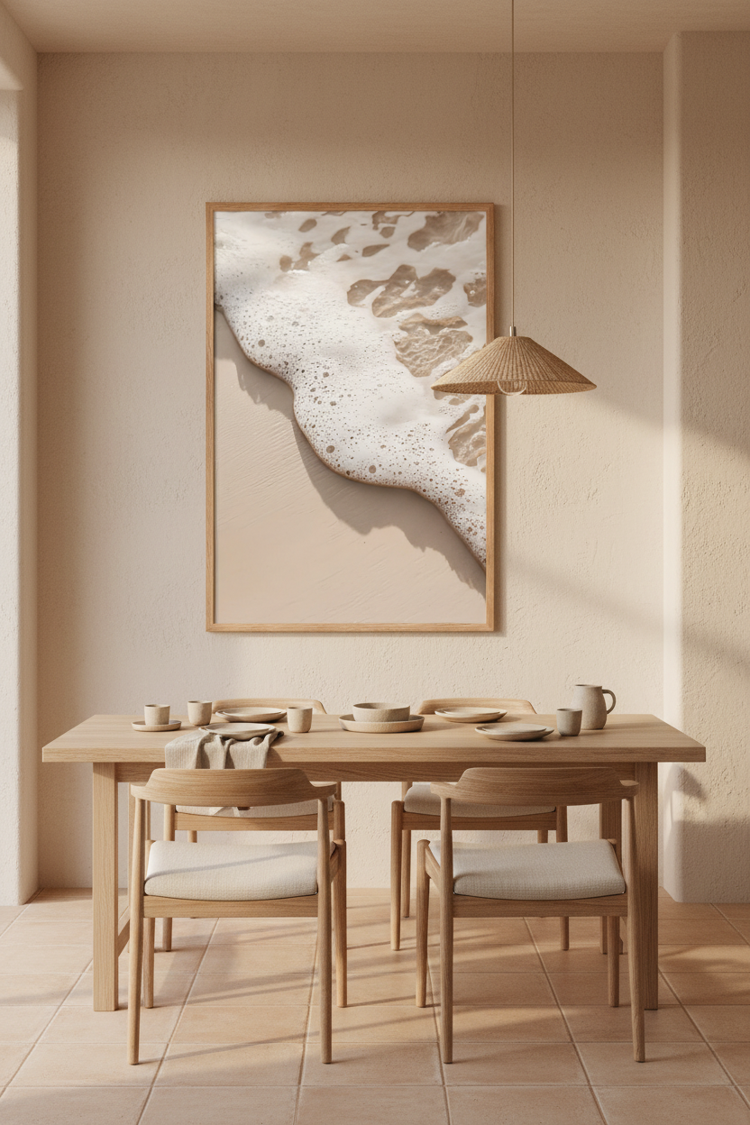 The Wave’s Edge poster in an oak frame in a dining room — foam and pearly bubbles on ivory sand