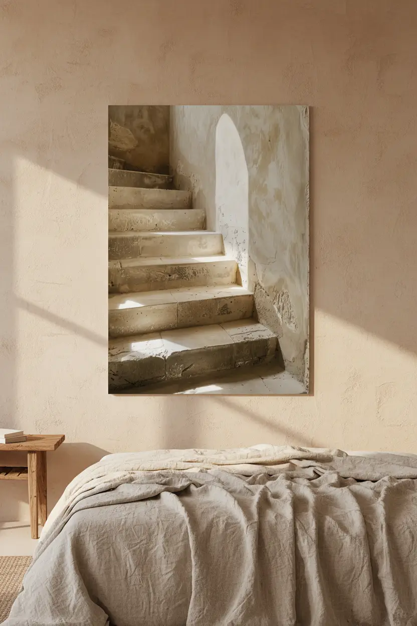 L’Arche de Pierre — Affiche murale minimaliste escalier pierre brute arche lumière architecture, affiche murale minimaliste avec cadre bois, décoration murale salon ou chambre, style méditerranéen