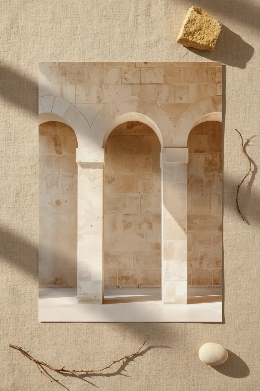 Les Trois Arches — Affiche murale minimaliste arches romanes pierre calcaire beige, affiche murale minimaliste avec cadre bois, décoration murale salon ou chambre, style méditerranéen