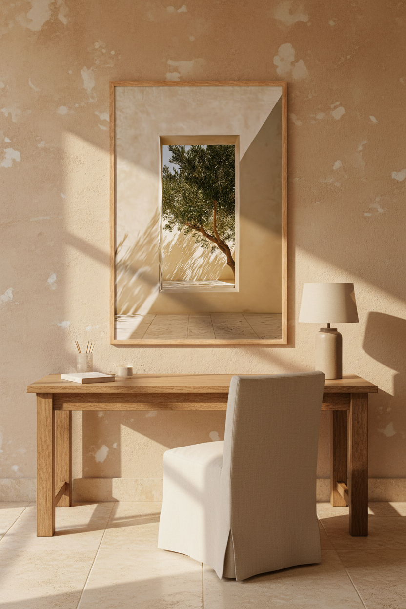 Affiche La Percée de Verdure encadrée chêne au-dessus d'un bureau en bois clair — ouverture taillée dans un mur ivoire sur un olivier penché