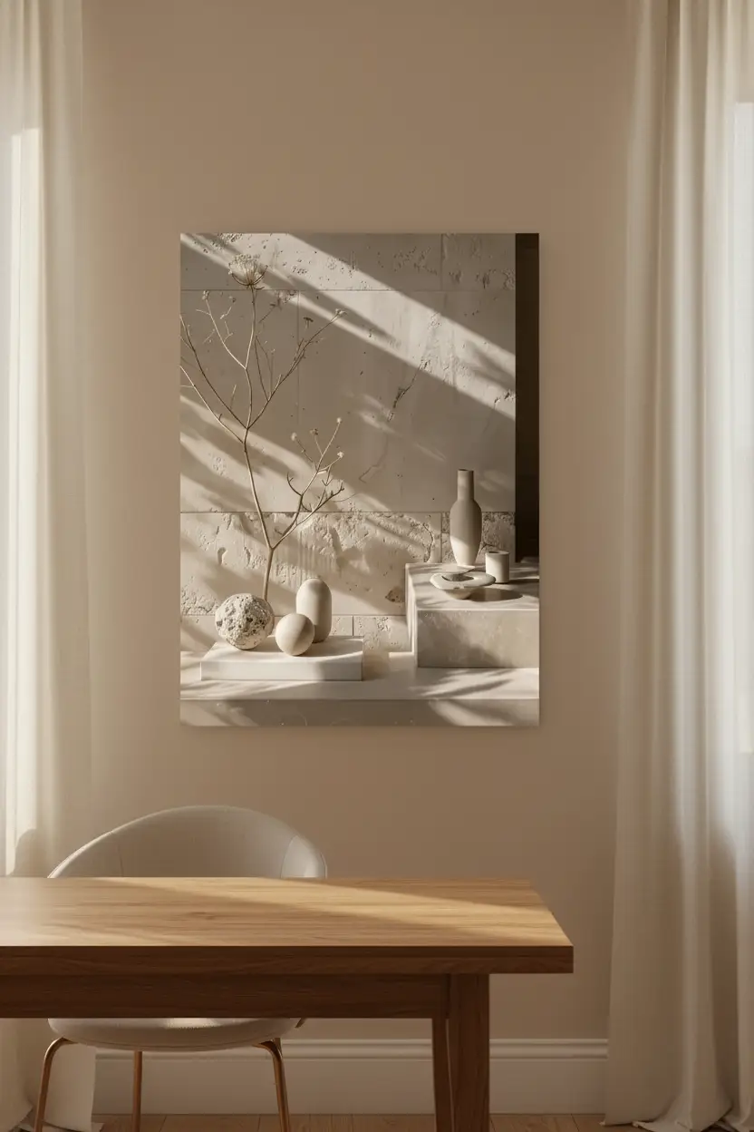 La Composition du Soir — Affiche murale minimaliste travertin sphères céramiques végétal minéral, affiche murale minimaliste avec cadre bois, décoration murale salon ou chambre, style méditerranéen