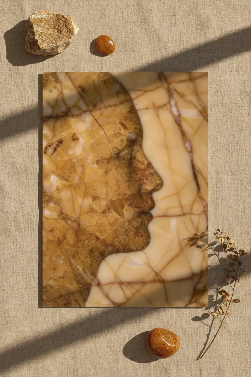 L'Âme de Marbre — Minimalist väggaffisch bärnstensfärgad abstrakt ansikte