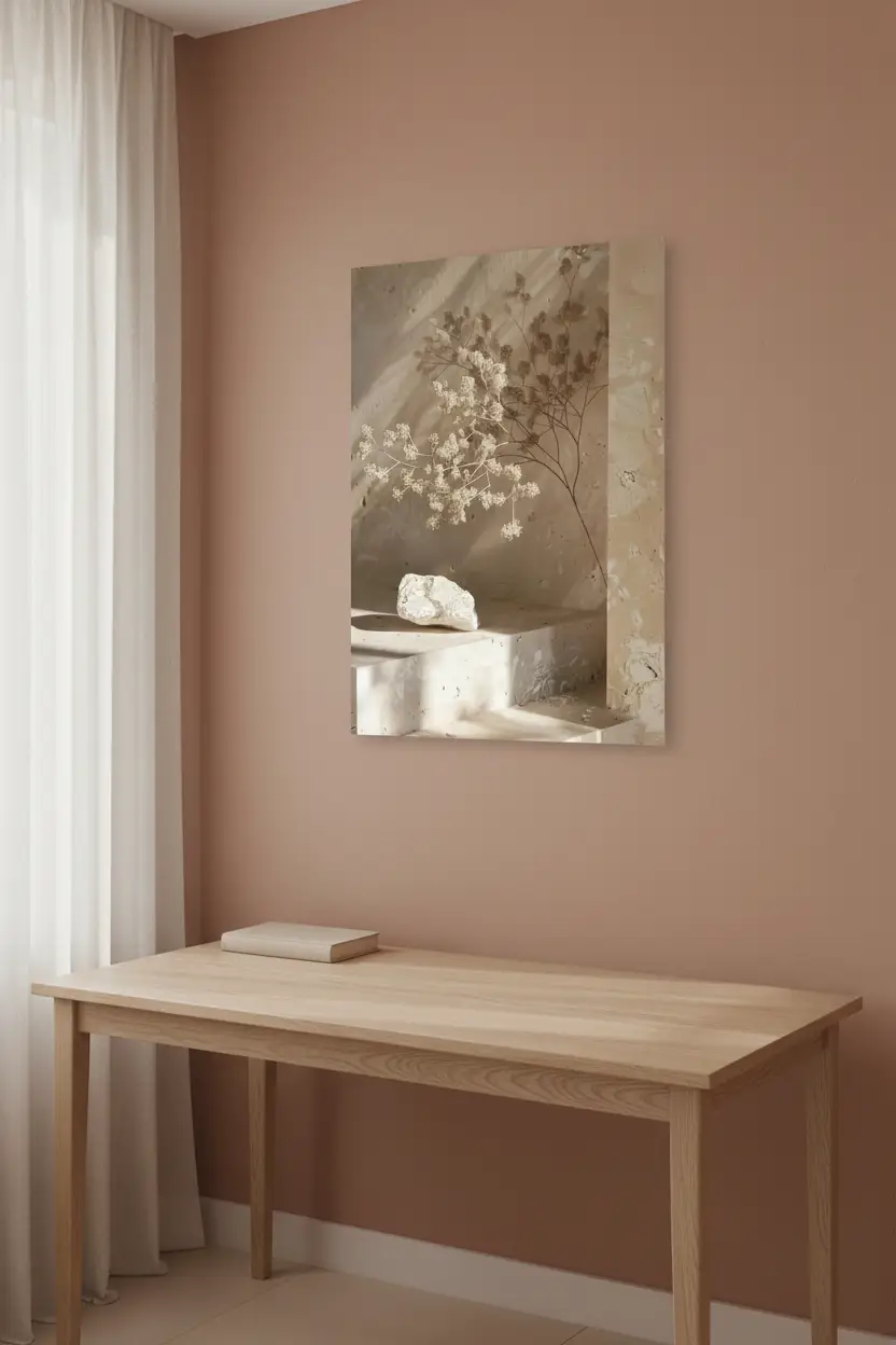 La Branche et la Pierre — Affiche murale minimaliste béton sable branche séchée pierre brute, affiche murale minimaliste avec cadre bois, décoration murale salon ou chambre, style méditerranéen