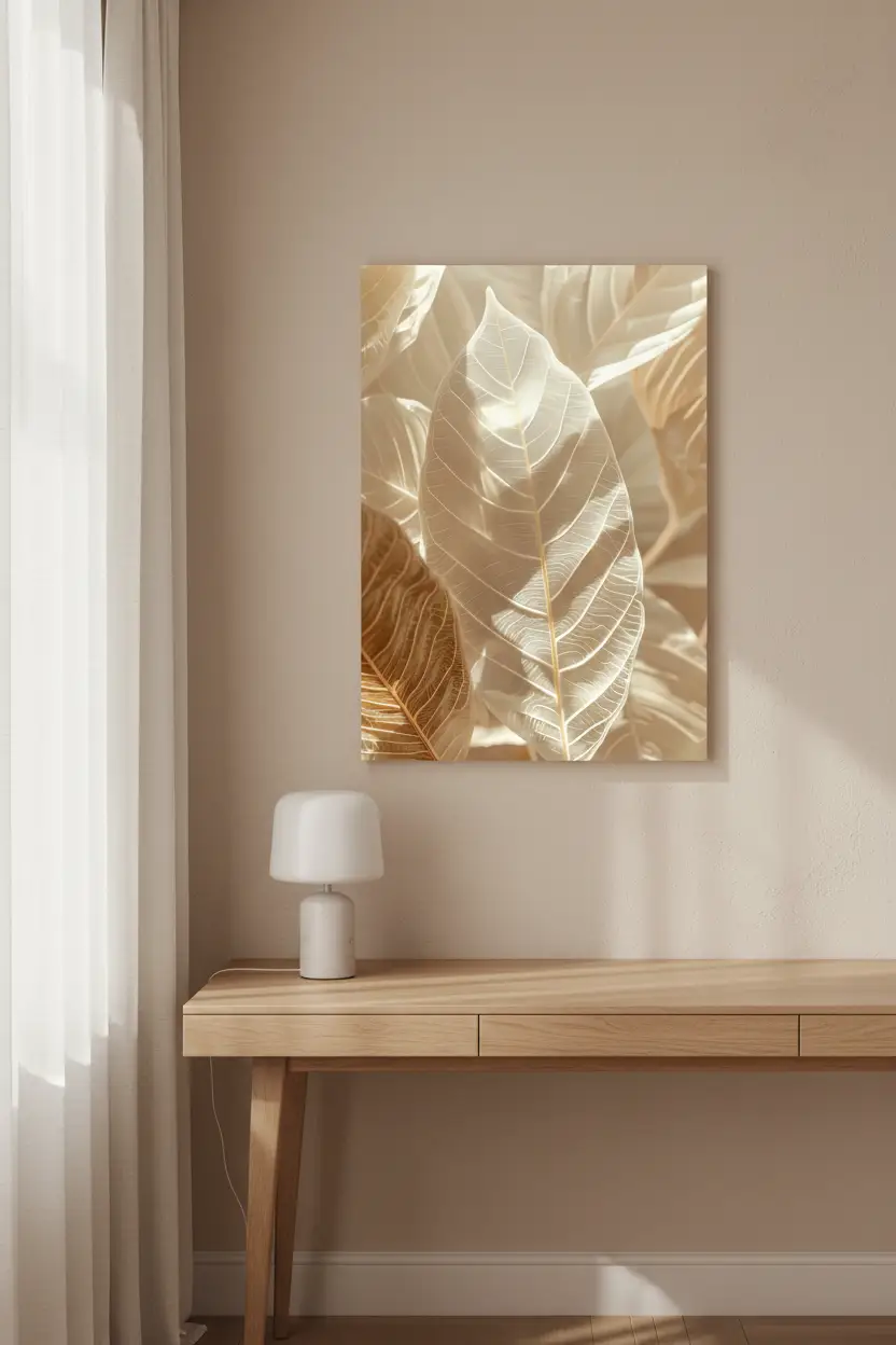 Der Wald des Lichts – Minimalistisches Wandbild Elfenbein Gold Blätter