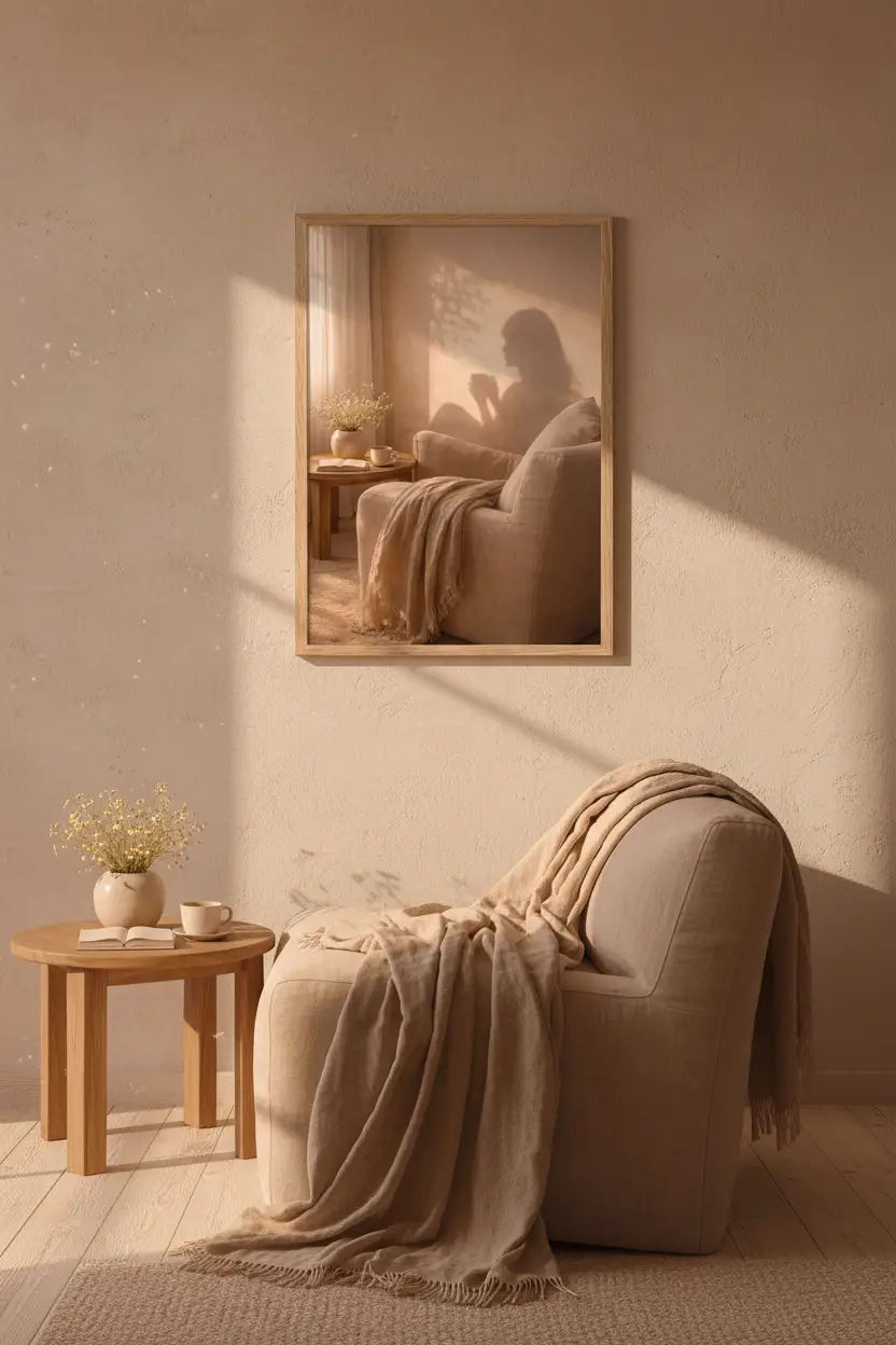 La Pause — Affiche murale minimaliste silhouette féminine lumière dorée, affiche murale minimaliste avec cadre bois, décoration murale salon ou chambre, style méditerranéen