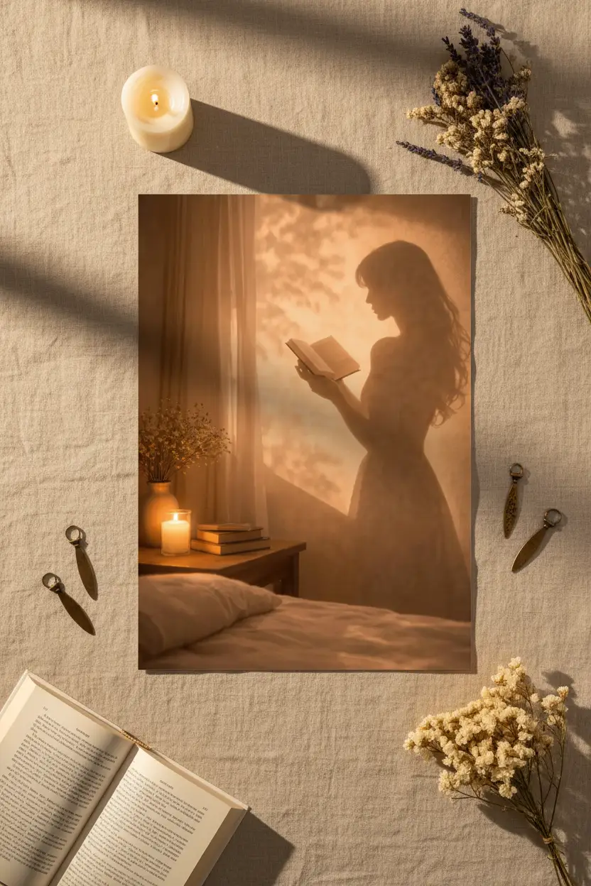 Le Livre du Soir — Affiche murale minimaliste silhouette féminine lumière dorée, affiche murale minimaliste avec cadre bois, décoration murale salon ou chambre, style méditerranéen
