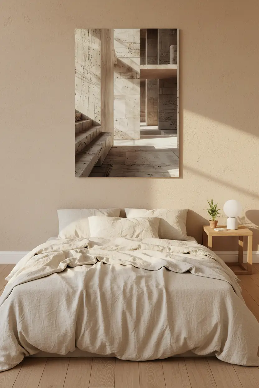 La Galerie de Pierre — Affiche murale minimaliste travertin piliers galerie escalier architecture, affiche murale minimaliste avec cadre bois, décoration murale salon ou chambre, style méditerranéen