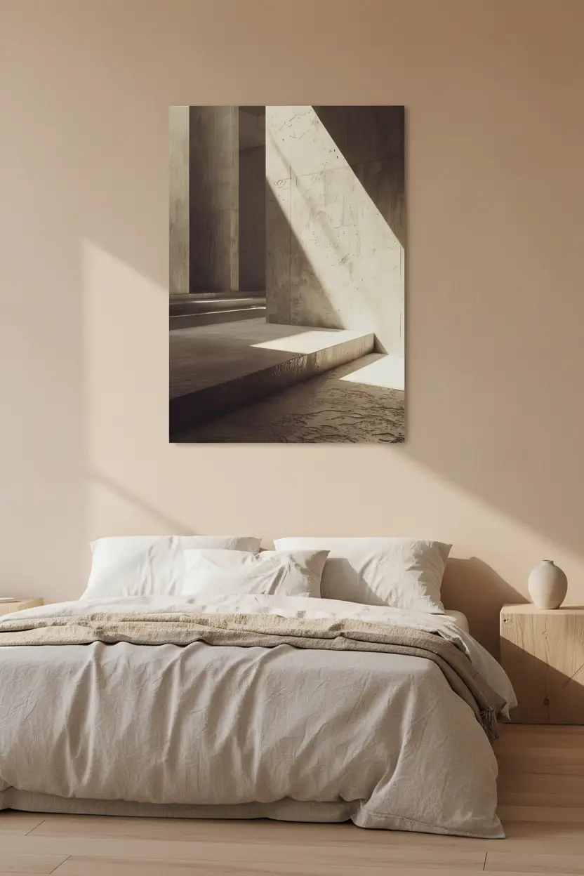 Le Temple de Sable — Affiche murale minimaliste colonnes pierre antique lumière sépia architecture, affiche murale minimaliste avec cadre bois, décoration murale salon ou chambre, style méditerranéen
