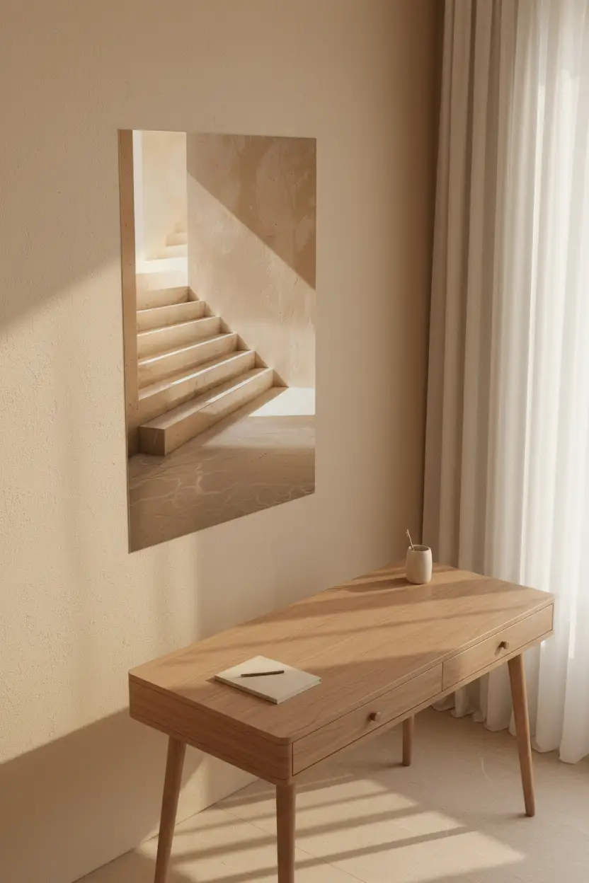 L’Escalier de Sable — Affiche murale minimaliste escalier enduit sable lumière triangle ombres architecture, affiche murale minimaliste avec cadre bois, décoration murale salon ou chambre, style méditerranéen