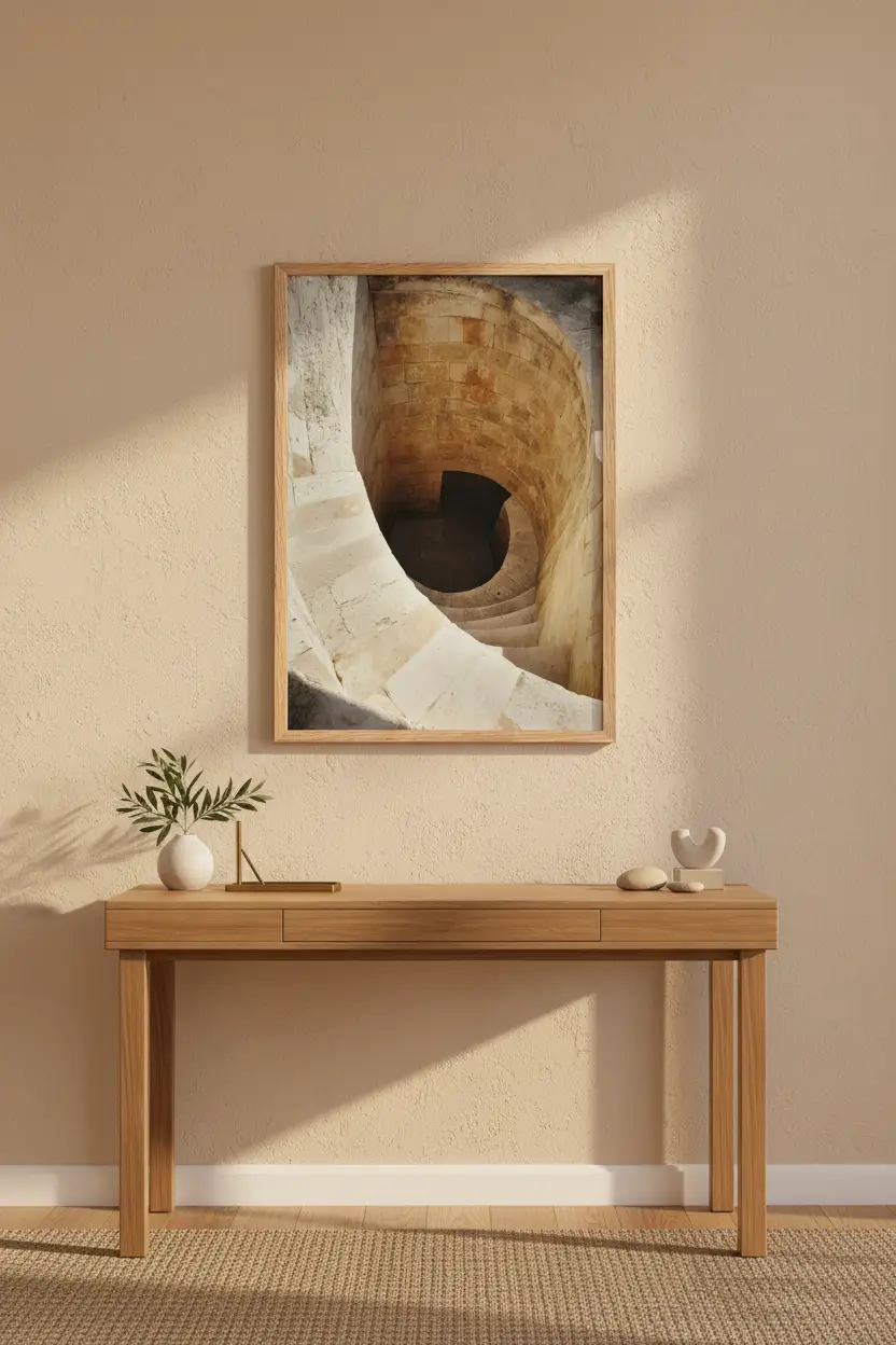 La Descente — Affiche murale minimaliste ivoire sable escalier spiral pierre vertigineux — affiche murale minimaliste | Cassili-home