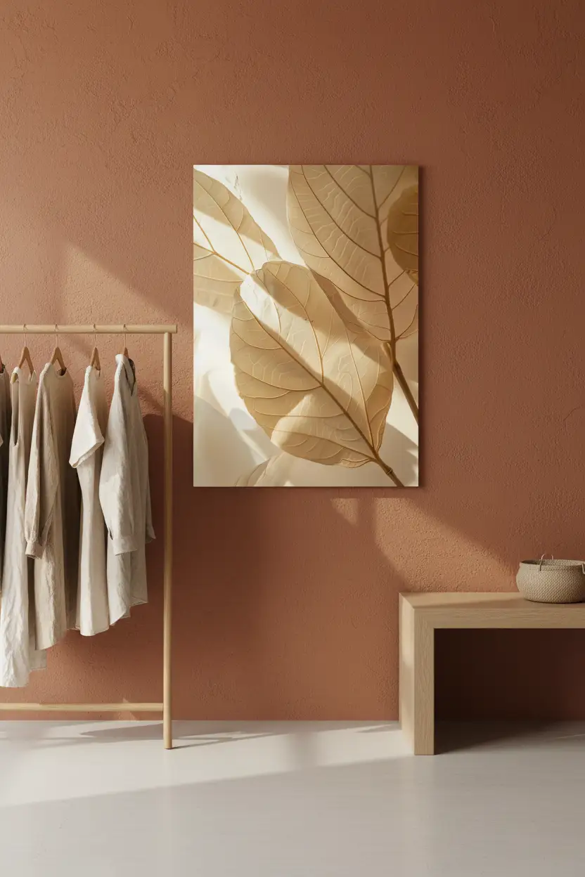 L’Ombre des Feuilles — Affiche murale minimaliste beige sable feuilles ombres dorées, affiche murale minimaliste avec cadre bois, décoration murale salon ou chambre, style méditerranéen