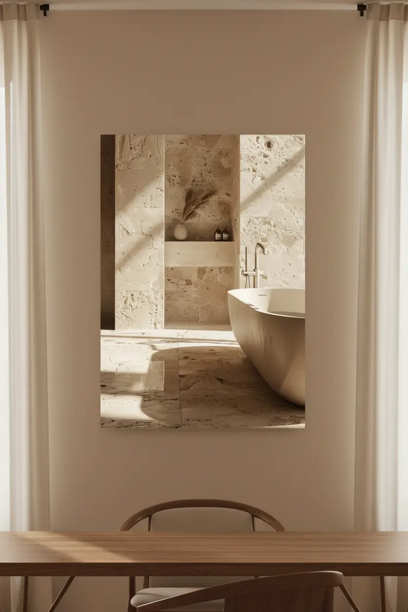 La Niche de Travertin — Affiche murale minimaliste salle de bain travertin brut niche pampa baignoire îlot lumière, affiche murale minimaliste avec cadre bois, décoration murale salon ou chambre, style méditerranéen