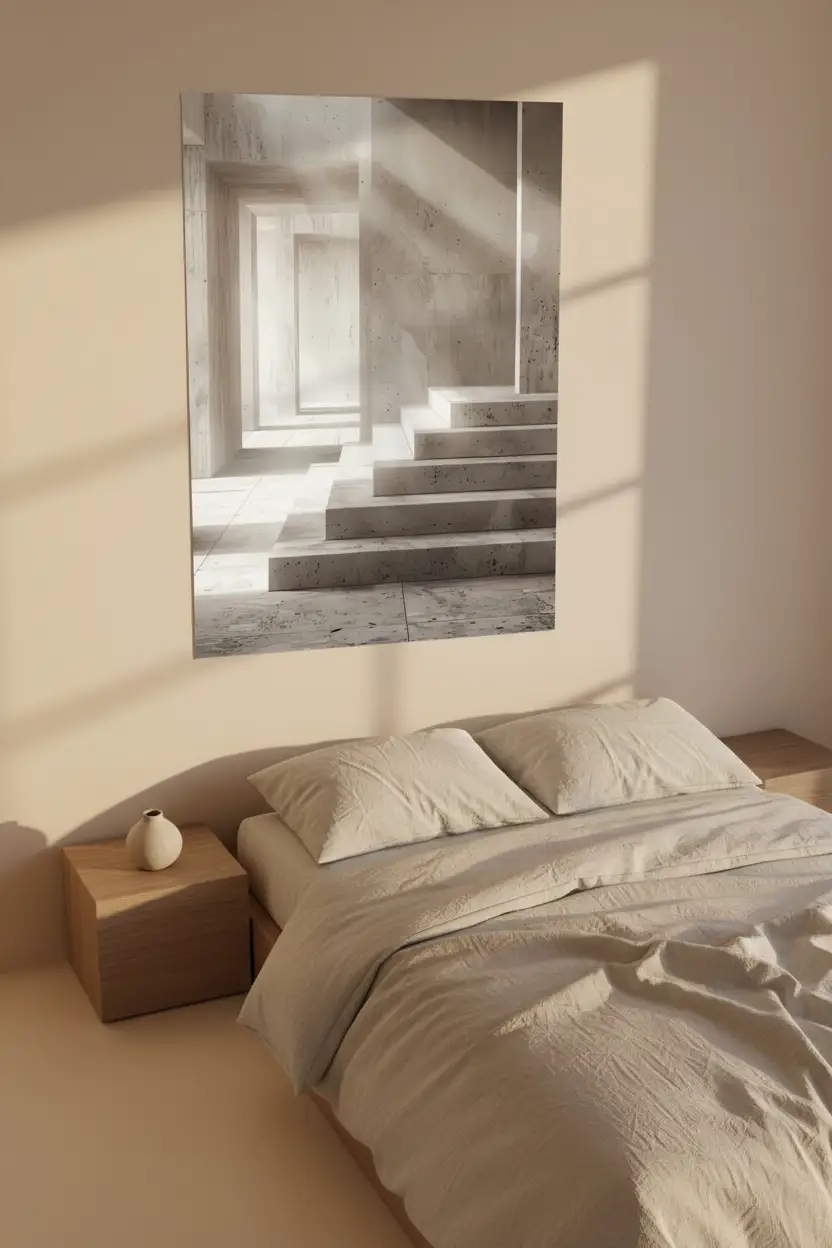 Le Couloir des Niches — Affiche murale minimaliste travertin perspective architecture lumière, affiche murale minimaliste avec cadre bois, décoration murale salon ou chambre, style méditerranéen