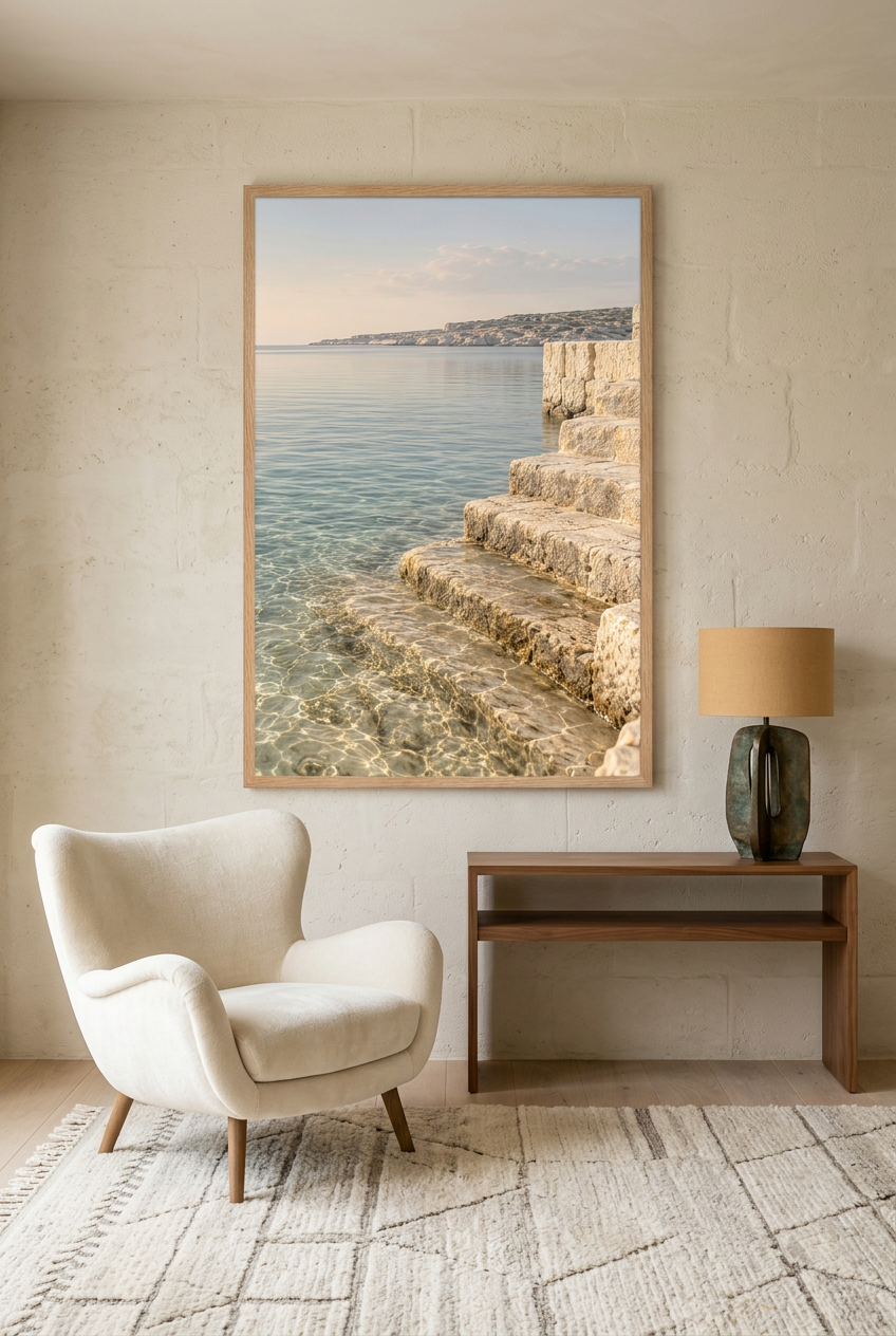 Steps into the Water — poster in an oak frame in a living room