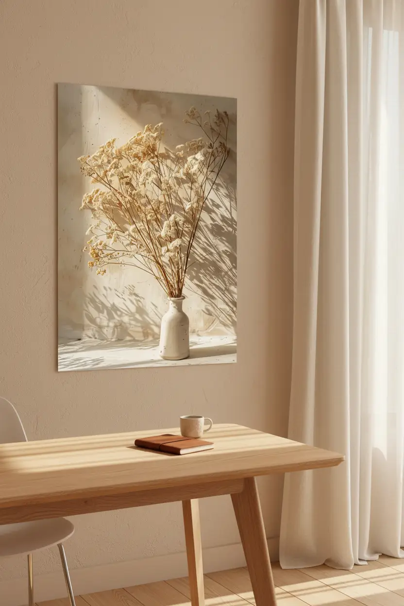 Le Bouquet d’Ivoire — Affiche murale minimaliste fleurs séchées ivoire vase céramique végétal, affiche murale minimaliste avec cadre bois, décoration murale salon ou chambre, style méditerranéen