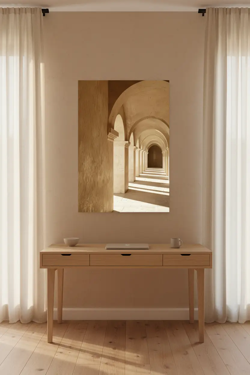 La Galerie des Arches — Affiche murale minimaliste couloir voûté arches romanes colonnes calcaire lumière architecture, affiche murale minimaliste avec cadre bois, décoration murale salon ou chambre, style méditerranéen