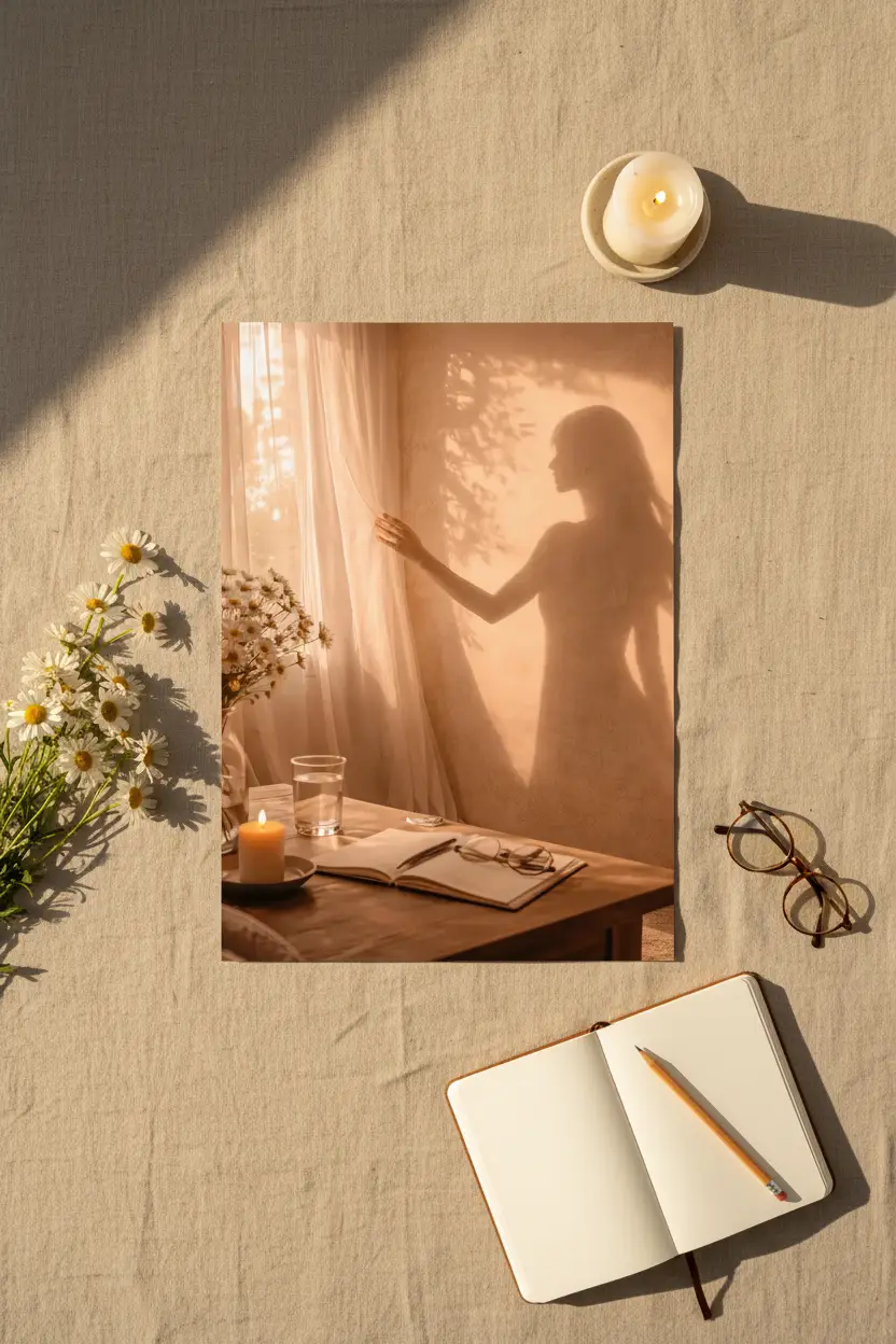 La Main sur le Voile — Affiche murale minimaliste silhouette féminine lumière dorée, affiche murale minimaliste avec cadre bois, décoration murale salon ou chambre, style méditerranéen