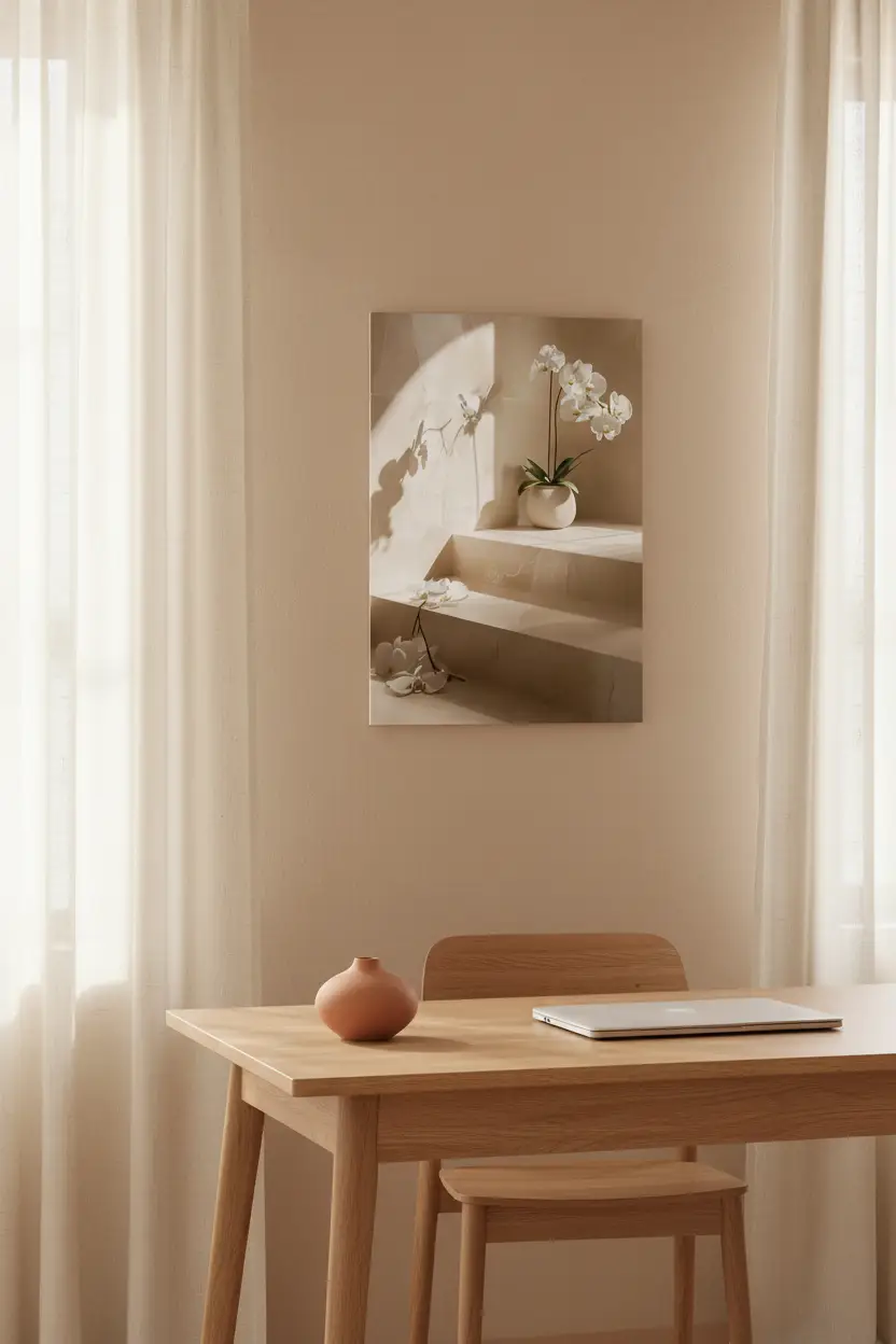 The Orchid Staircase — Minimalist travertine orchid wall poster