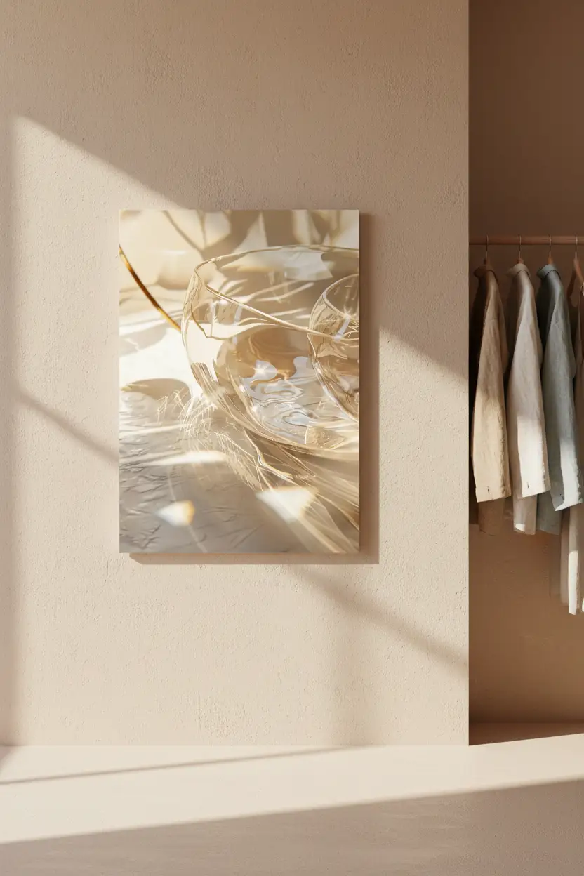 Le Prisme — Affiche murale minimaliste ivoire verre reflets prismatiques lumière, affiche murale minimaliste avec cadre bois, décoration murale salon ou chambre, style méditerranéen