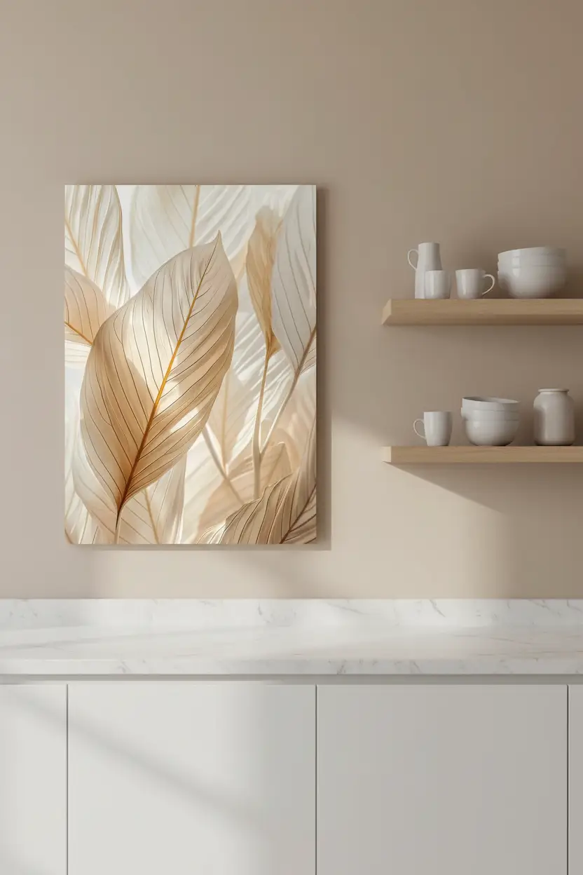 Le Velours Végétal — Affiche murale minimaliste sable ivoire feuilles nervures dorées, affiche murale minimaliste avec cadre bois, décoration murale salon ou chambre, style méditerranéen