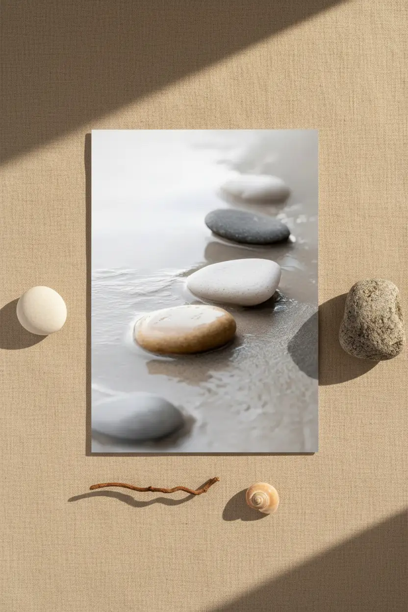 Laissés par la Vague — Affiche murale minimaliste galet blanc gris beige — affiche murale minimaliste | Cassili-home