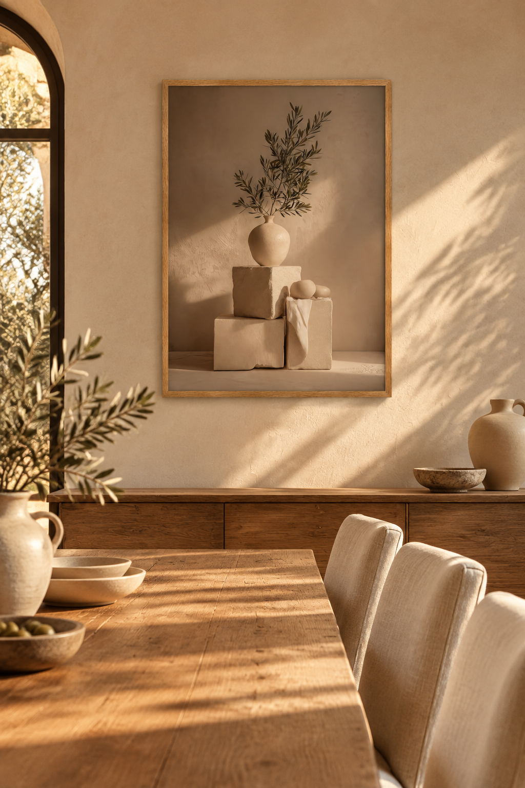 Poster Das Gleichgewicht aus Kreide — kugelförmige Vase auf Kreideblöcken, im Esszimmer über einem Holztisch
