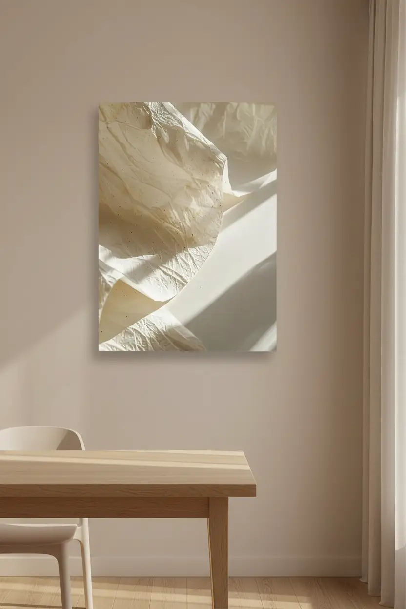 Le Papier Froissé — Affiche murale minimaliste macro texture papier japonais washi ivoire abstrait, affiche murale minimaliste avec cadre bois, décoration murale salon ou chambre, style méditerranéen