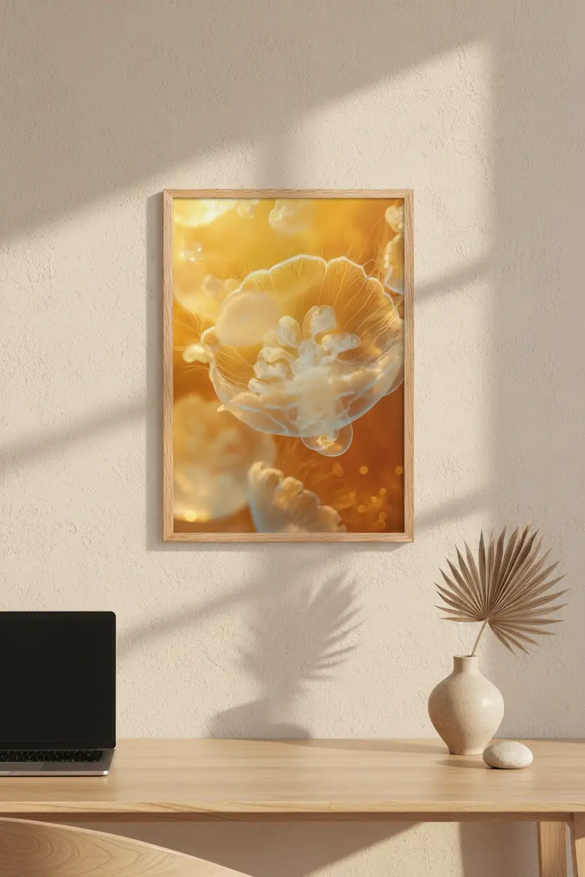 La Méduse — Póster minimalista de pared ámbar dorado medusa translúcida