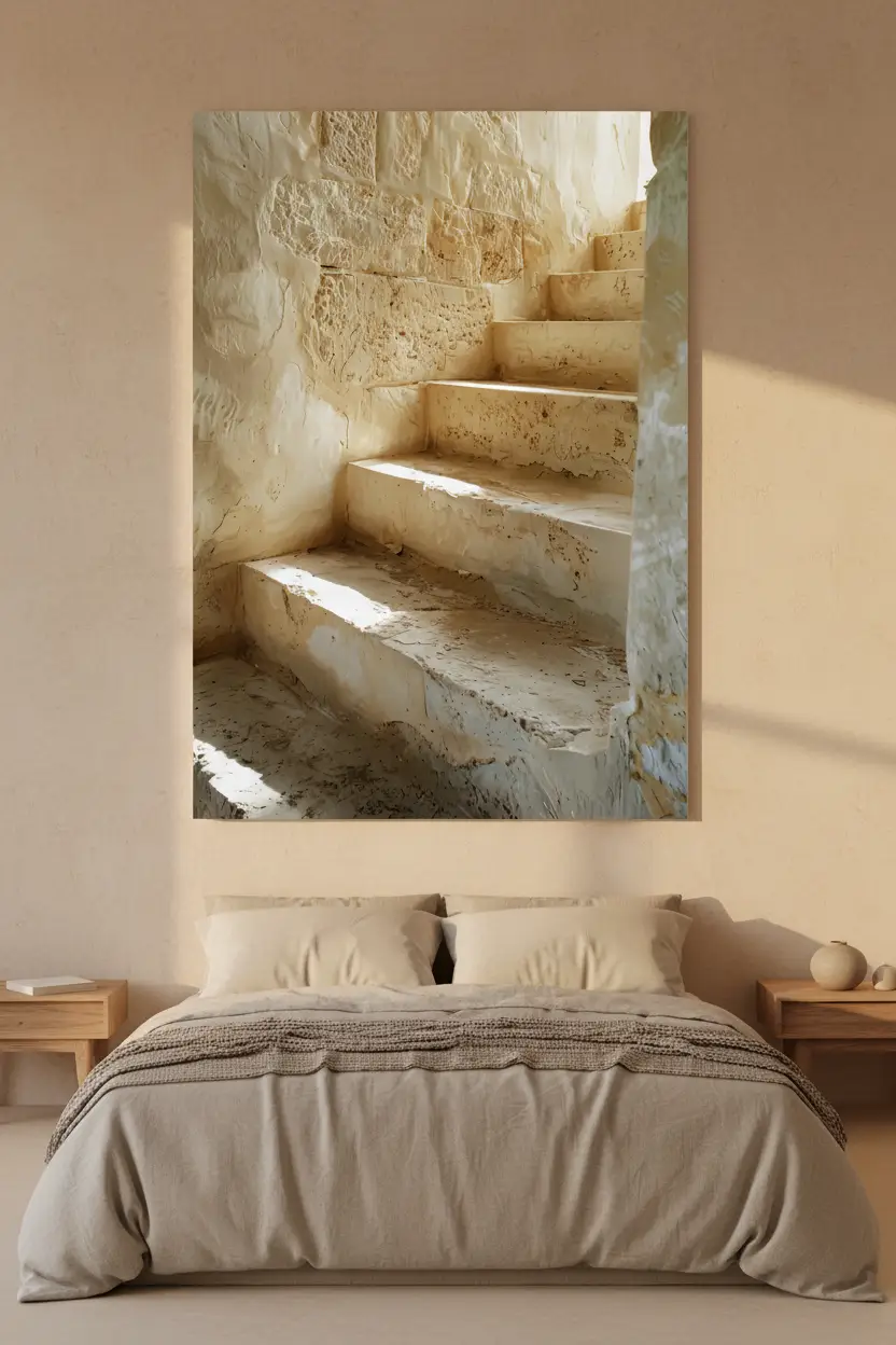 Les Marches de Pierre — Affiche murale minimaliste escalier calcaire brut texture érosion architecture, affiche murale minimaliste avec cadre bois, décoration murale salon ou chambre, style méditerranéen