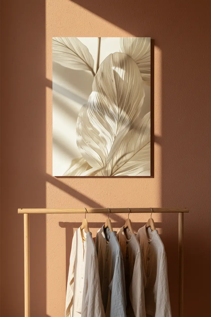 La Feuille Sculptée — Affiche murale minimaliste ivoire feuille ondulée texture sculptée, affiche murale minimaliste avec cadre bois, décoration murale salon ou chambre, style méditerranéen