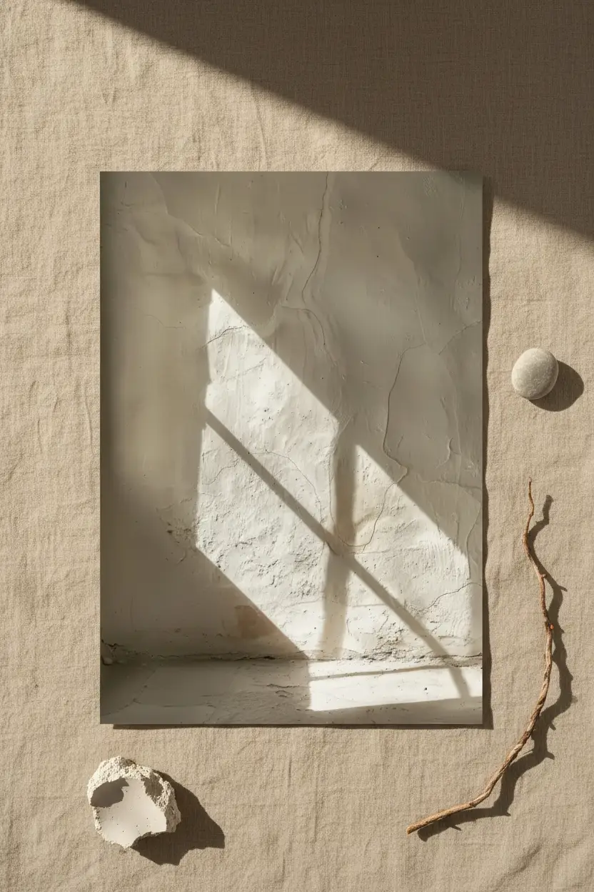 L'Ombre Diagonale — Affiche murale minimaliste ombre fenêtre mur enduit sable, affiche murale minimaliste avec cadre bois, décoration murale salon ou chambre, style méditerranéen