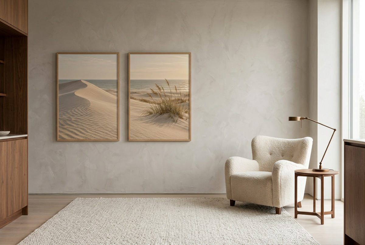 The Marram Beach — wall diptych in oak frames in a living room