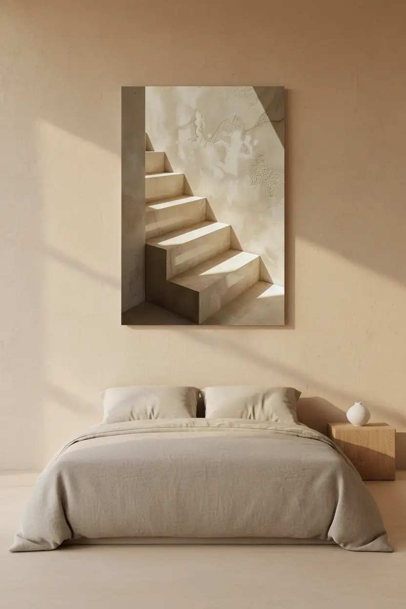 L’Escalier de Nacre — Affiche murale minimaliste escalier tadelakt ivoire lumière architecture, affiche murale minimaliste avec cadre bois, décoration murale salon ou chambre, style méditerranéen